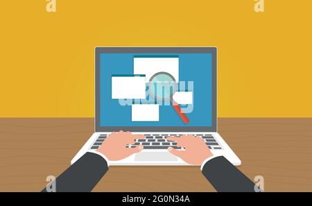 Online analyzing check of law legal docs, find or search on laptop with hands. Stock Vector