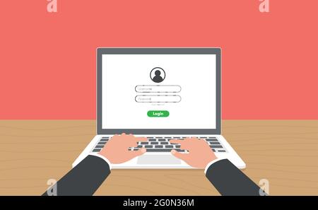 Log in account on the laptop. Hands on the laptop. Laptop with password notification. Vector Stock Vector