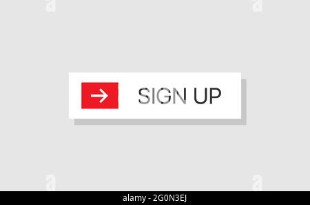 White square shape sign up button with white arrow on red background pointer for web and social networks Stock Vector