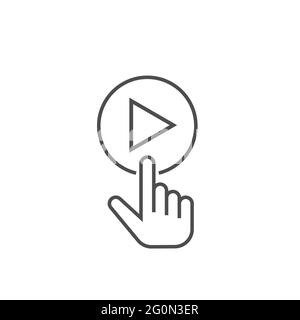 Outline vector of a finger pushing the circle play button. Line sign Stock Vector