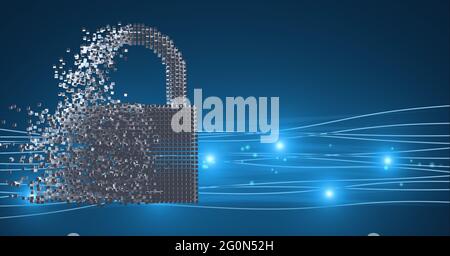 Composition of exploding online security padlock icon formed with grey ...
