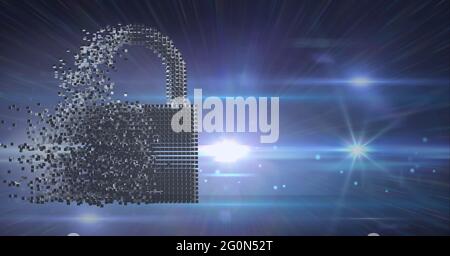 Composition of exploding online security padlock icon formed with grey ...