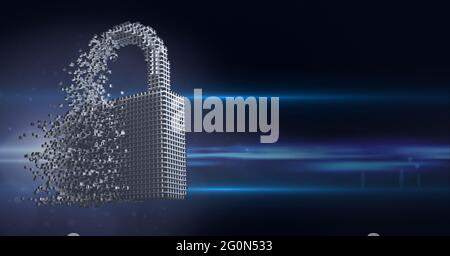 Composition of exploding online security padlock icon formed with grey ...