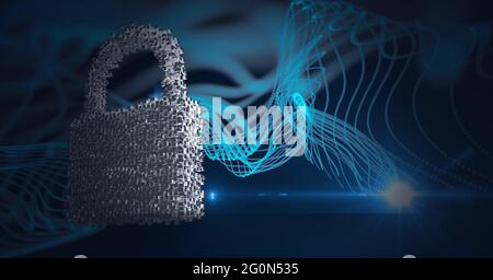 Composition of exploding online security padlock icon formed with grey ...