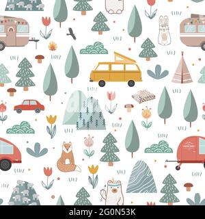 Hand drawn seamless pattern with summer camping equipment. Trailers, mountains, trees, and animals in Scandinavian style. Cartoon background Stock Vector