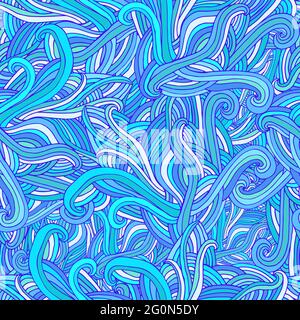 Curly waves colorful abstract seamless pattern, blue cyan turquoise colors. Stock Vector