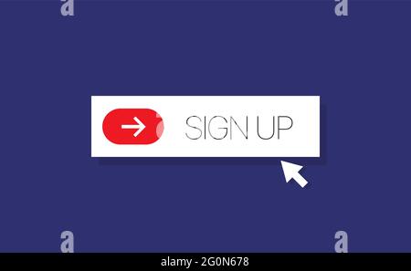 White square shape sign up button with two black arrows pointer for web and social networks on dark blue background Stock Vector