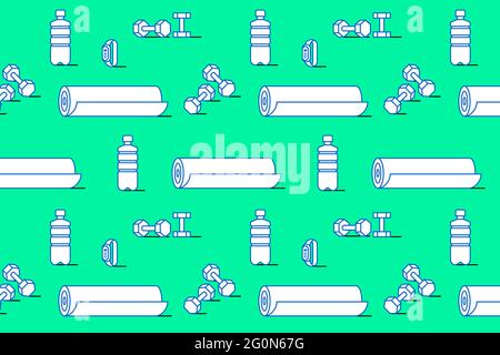 Sport seamless pattern. Bottle, dumbbells, bracelet, mat Stock Vector