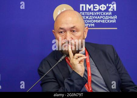 Saint Petersburg, Russia. 02nd June, 2021. Timur Bekmambetov, Director, Producer, Screenwriter, Founder, Bazelevs seen at the St. Petersburg International Economic Forum (SPIEF) on 'What Will Russia Come Up with Next?'. Credit: SOPA Images Limited/Alamy Live News Stock Photo