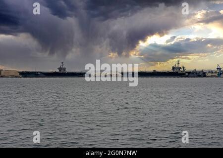 Two US Navy Nimitz class aircraft carriers (72  - USS Abraham Lincoln and 70 -Carl Vinson) at the Pacific Fleet Naval base San Diego, CA Stock Photo