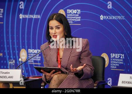 Saint Petersburg, Russia. 02nd June, 2021. Tinatin Kandelaki, General Producer, Match TV speaks at the St. Petersburg International Economic Forum (SPIEF) on 'What Will Russia Come Up with Next?'. (Photo by Maksim Konstantinov/SOPA Image/Sipa USA) Credit: Sipa USA/Alamy Live News Stock Photo