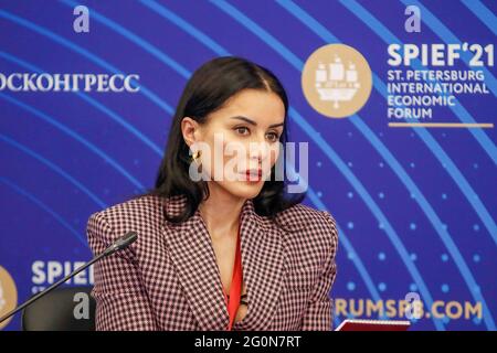 Saint Petersburg, Russia. 02nd June, 2021. Tinatin Kandelaki, General Producer, Match TV speaks at the St. Petersburg International Economic Forum (SPIEF) on 'What Will Russia Come Up with Next?'. (Photo by Maksim Konstantinov/SOPA Image/Sipa USA) Credit: Sipa USA/Alamy Live News Stock Photo
