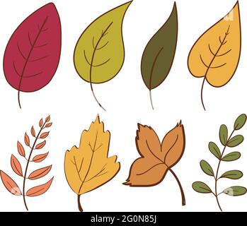 Hand drawn set of leaves in pastel colors isolated on white background. Vector botanical illustration. Hand-drawn doodle herbal elements. Spring and summer plant vector in line art or outline style.  Stock Vector