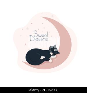 Cute black kitten with white paws and white tail tip curled up and sleeping on the moon, pets for baby posters and various goods, vector illustration Stock Vector