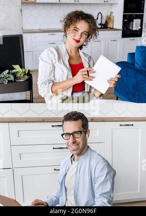 Phone screen of smiling young couple, business partners using video conference app, holding online conference, work distantly from home, laptop or Stock Photo