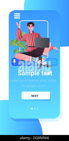 man communicating in instant messenger by voice messages audio chat application social media Stock Vector
