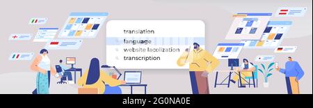 mix race people choosing language in search bar on virtual screen transcription internet networking concept Stock Vector