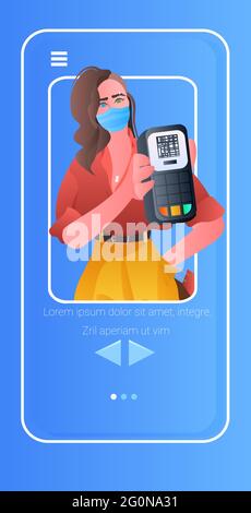 woman in mask using contactless NFC payment machine POS terminal vertical portrait Stock Vector