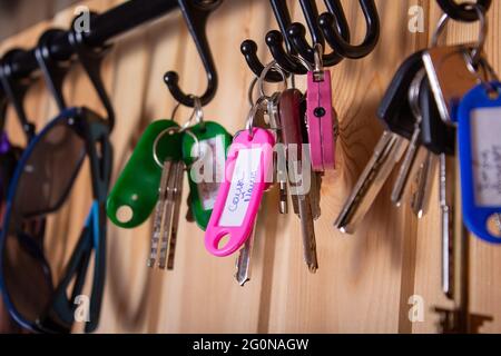 Pink keychain with copy space. Close up.  Stock Photo