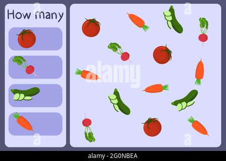 Kids mathematical mini game - count how many vegetables - tomato, radish, zucchini, carrot. Educational games for children. Cartoon design template on colorful backdrop. Vector graphic. Stock Vector