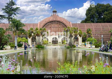 The Botanical building with the Lily Pond and Lagoon in the foreground at Balboa Park in San Diego, CA Stock Photo