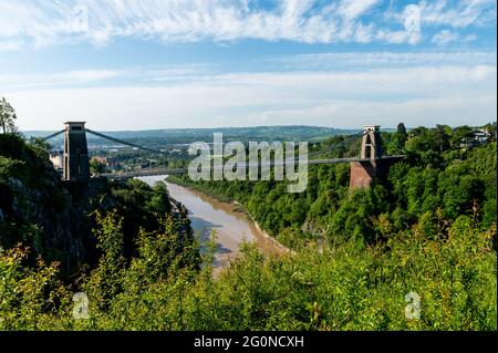 a image capturing the whole of the world famous Isambard Kingdom Brunel's Clifton suspension bridge in Bristol Stock Photo