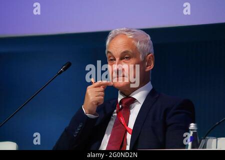 Saint Petersburg, Russia. 02nd June, 2021. Speaker Andrei Belousov, First Deputy Prime Minister of the Russian Federation at the St. Petersburg International Economic Forum, The SME Forum on 'Digital Services for Businesses'. Credit: SOPA Images Limited/Alamy Live News Stock Photo
