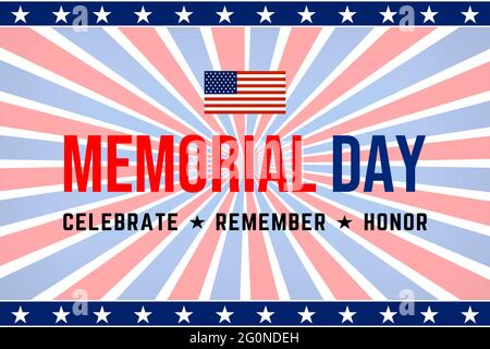 Illustration of US Memorial Day celebration background banner or greeting card, with text and USA flag elements. Stock Photo