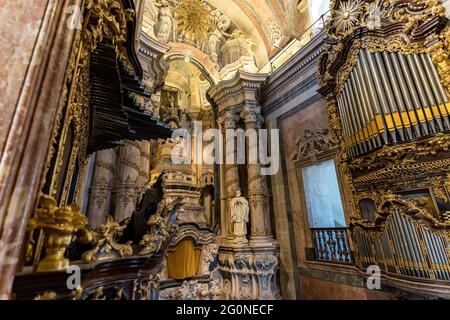 The interior of the Clerigos Church (Church of the Clergymen) is a Baroque church in the city of Porto, in Portugal. Stock Photo