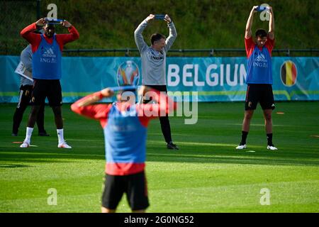 Belgium's Christian Benteke, Belgium's head of team Richard Evans and Belgium's Zinho Vanheusden pictured during a training session of the Belgian nat Stock Photo