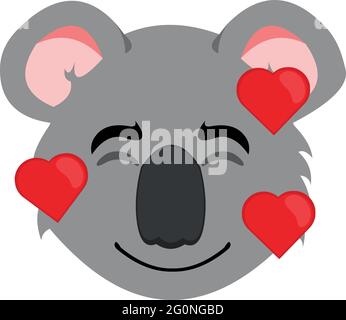 Vector emoticon illustration of the face of a cartoon koala with a happy expression and surrounded by hearts Stock Vector