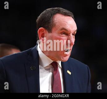 Atlanta, USA. 08th Jan, 2020. Duke head coach Mike Krzyzewski reacts to a call by an official during action against Georgia Tech on January 8, 2020, at McCamish Pavilion in Atlanta. (Photo by Curtis Compton/Atlanta Journal-Constitution/TNS/Sipa USA) Credit: Sipa USA/Alamy Live News Stock Photo