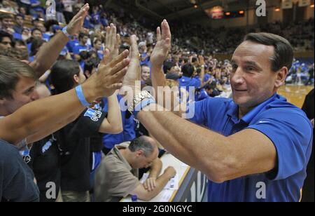 Durham, USA. 18th Oct, 2008. Duke head coach Mike Krzyzewski greets the Cameron Crazies before their annual Blue-White game at Cameron Indoor Stadium in Durham, North Carolina, Saturday October 18, 2008. (Photo by Chuck Liddy/Raleigh News & Observer/MCT/Sipa USA) Credit: Sipa USA/Alamy Live News Stock Photo