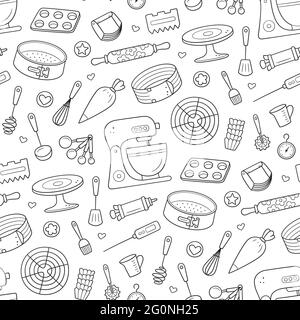 Seamless pattern with tools for making cakes, cookies and pastries. Doodle confectionery tools - stationary dough mixer, baking pans and pastry bag Stock Vector