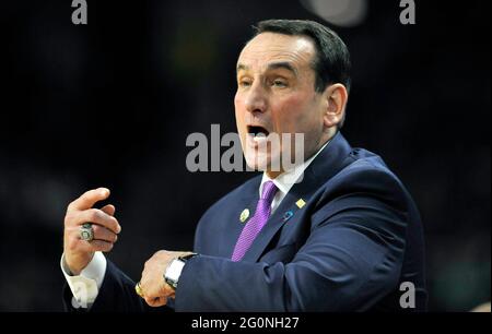 Providence, USA. 19th Mar, 2016. In the second round of the 2016 NCAA Tournament, Duke head coach Mike Krzyzewski yells to his players during action against Yale at the Dunkin Donuts Center in Providence, R.I. (Photo by Brad Horrigan/Hartford Courant/TNS/Sipa USA) Credit: Sipa USA/Alamy Live News Stock Photo