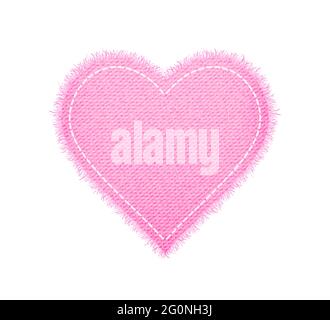 Denim pink heart shape with seam. Torn jean patch with stitches. Vector realistic illustration on white background Stock Vector