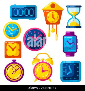 Set of different clocks. Stylized icons for design and applications. Stock Vector