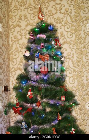 Christmas elegant tree stands under the window Stock Photo