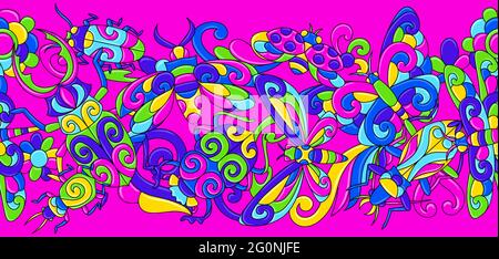 Seamless pattern with stylized bugs and insects. Mexican ceramic cute naive art. Stock Vector
