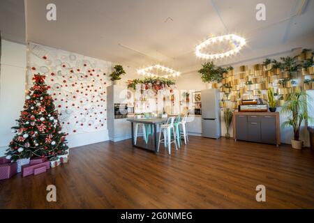 Cozy spacious kitchen decorated for Christmas. Interior design Stock ...