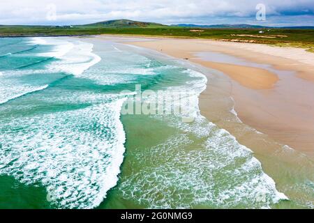 Aerial view of beach at Machir Bay on west coast of Islay, Inner Hebrides, Argyll & Bute, Scotland, UK Stock Photo