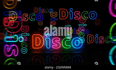 Disco symbol neon symbol. Light color bulbs with retro nightlife city music club sign. Abstract concept 3d illustration. Stock Photo