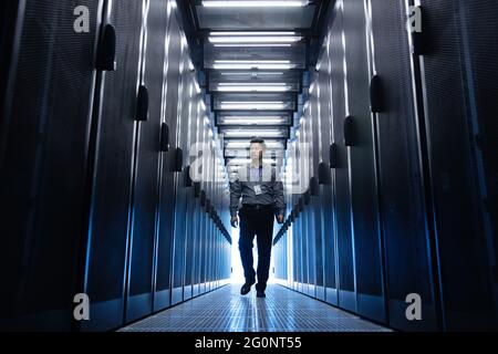 Technicians check the maintenance in the computer room Stock Photo