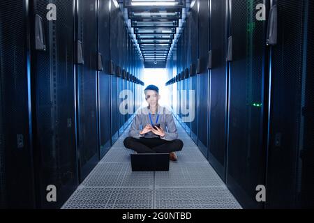 Technicians check the maintenance in the computer room Stock Photo