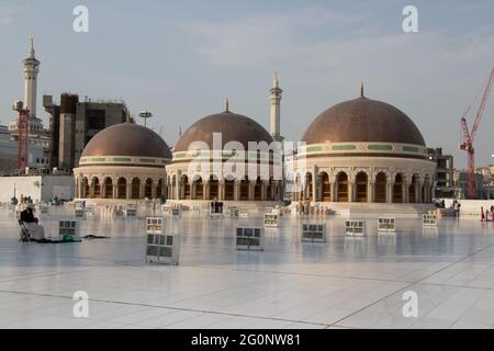Three domes on the roof top of the Grand Mosque of Mecca. Masjid Al Haram. where Holy Kaaba is located. Stock Photo