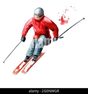Skier, winter recreation and vacation concept. Hand drawn watercolor illustration isolated on white background Stock Photo