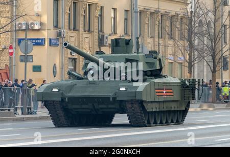 April 30, 2021 Moscow, Russia. Promising Russian T-14 Armata Main Tank on Tverskaya Street in Moscow. Stock Photo