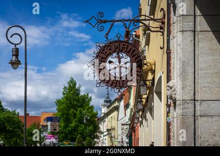 JUETERBOG, GERMANY - MAY 23, 2021: Beautiful wrought iron sign 'Hermanns Restaurant' in old town. Juterbog, Germany. Stock Photo