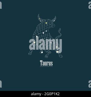 Taurus. Zodiac sign design. Zodiac design with star grid. Abstract taurus design. Signs with texts in Latin. Stock Vector