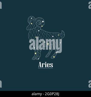 Aries. Zodiac sign design. Zodiac design with star grid. Abstract aries design. Signs with texts in Latin. Stock Vector